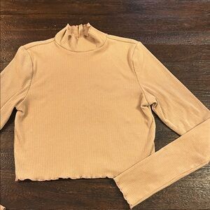 Aerie Ribbed Tan Long Sleeve Mock Turtleneck Crop Top with Lettuce trim